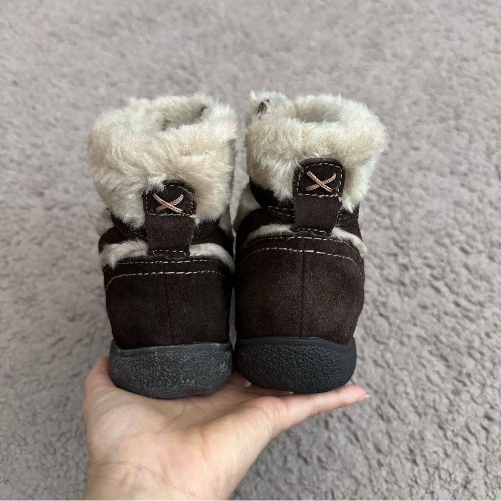 Bare Traps Leanna Faux Fur Trim Brown Leather Suede Ankle Boots